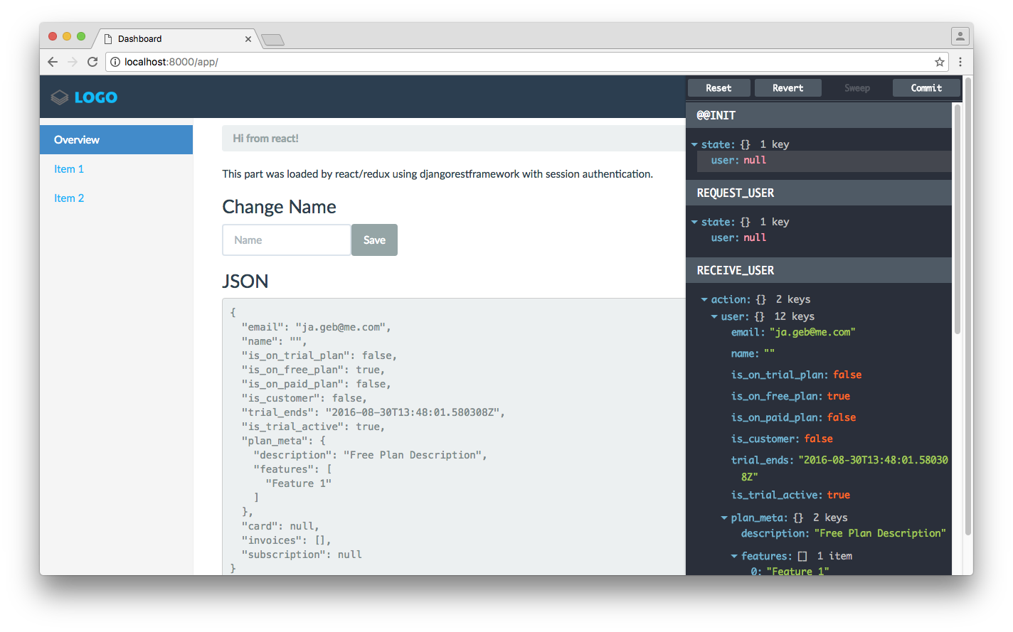 App Dashboard (with redux dev console)